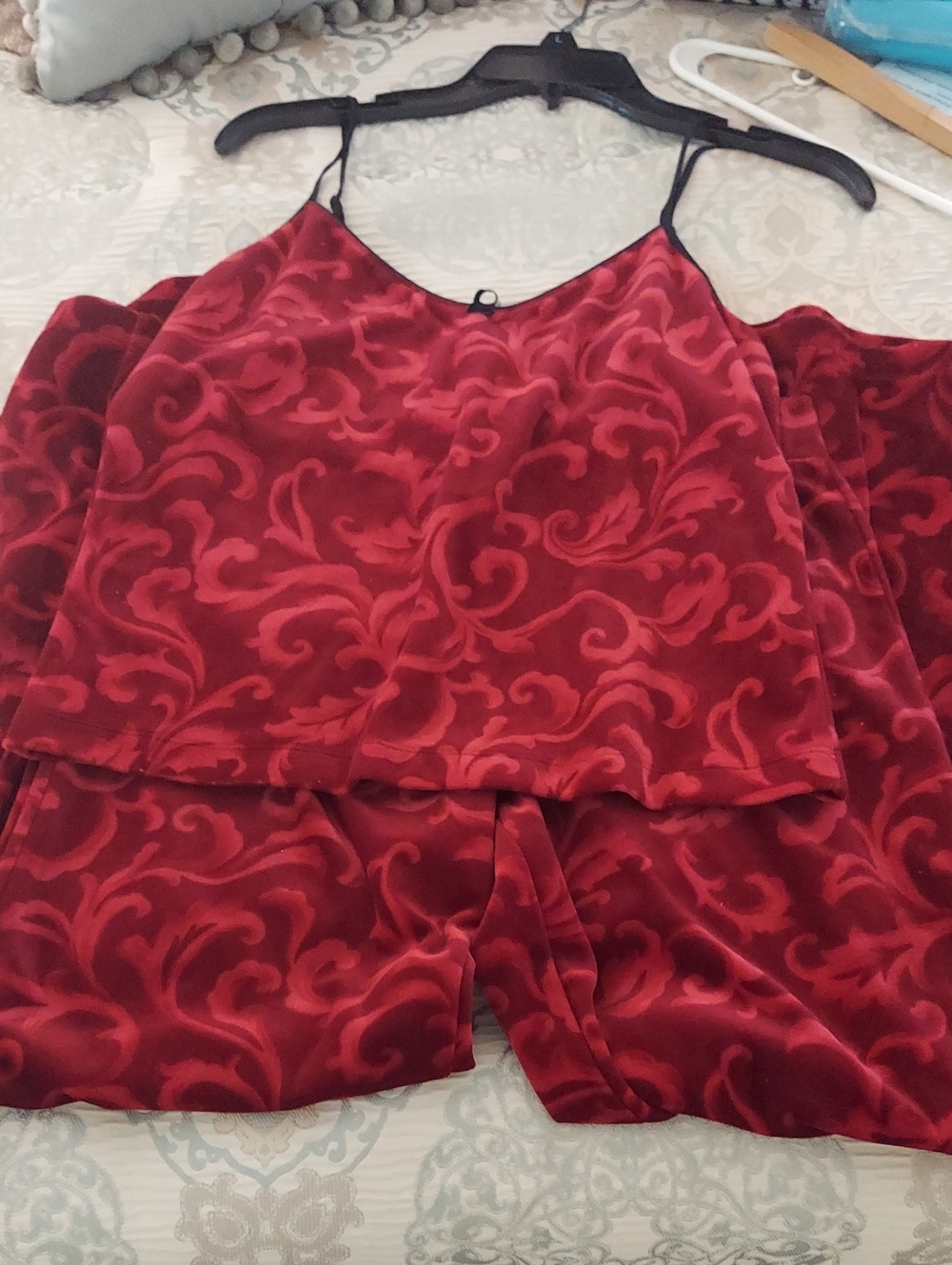 Burgandy Velour Floral Burnout Camisole Pajama Set